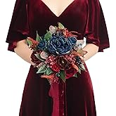 Ling's moment Burgundy Artificial Wedding Flower Bouquets for Bridesmaids Navy Blue Floral Bouquet Bridesmaids Bouquets with Ribbon Ceremony Anniversary,7-inch Diameter