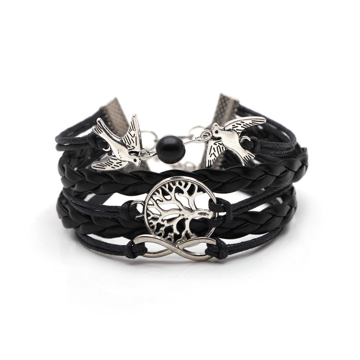 Vintage Style Black Leather Rope Tree Branches Love Birds Infinity Love Bracelet