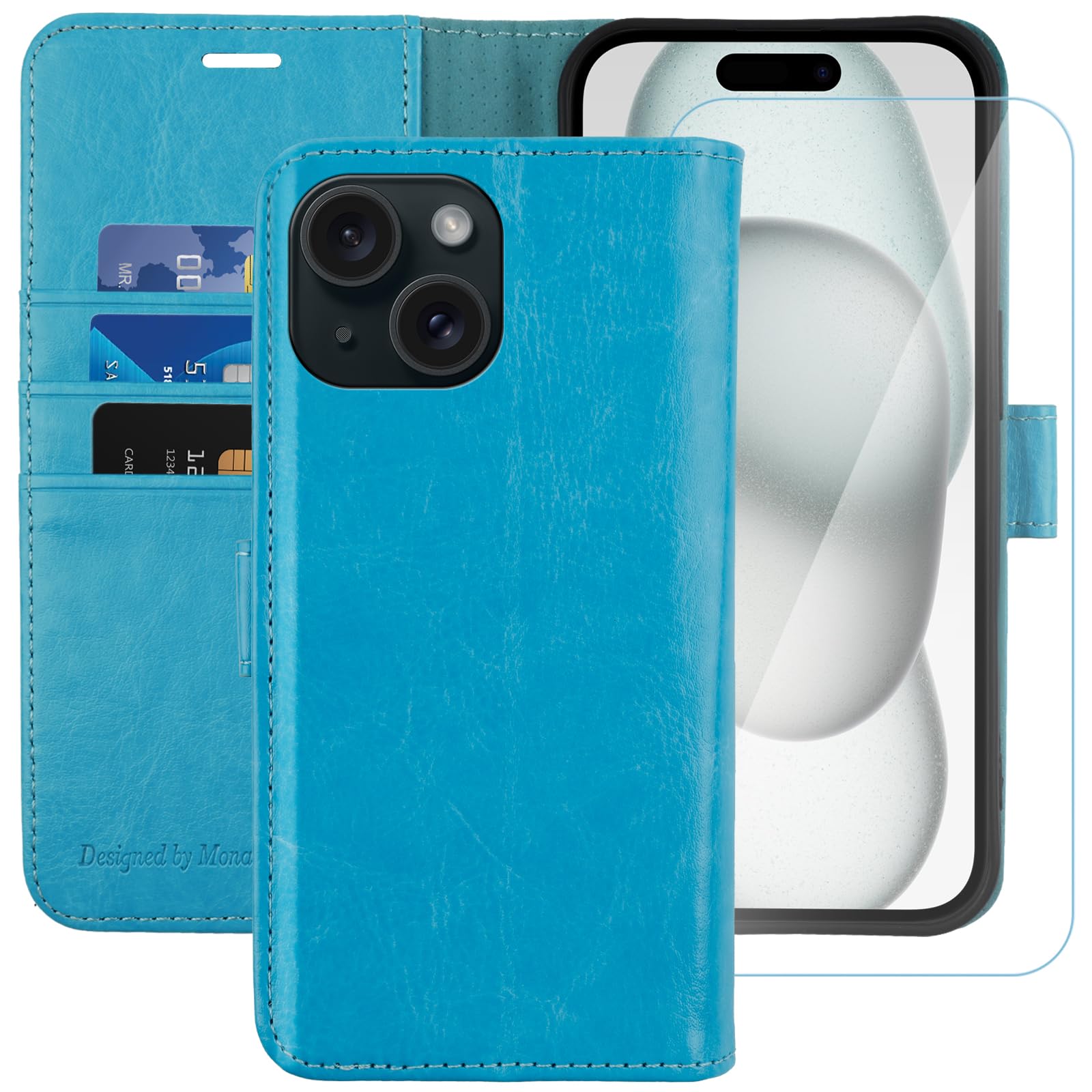 MONASAY for iPhone 15 5G Wallet Case,[Glass Screen Protector Included] [RFID Blocking] Flip Folio Leather Cell Phone Cover with Credit Card Holder case, 6.1-inch, 6.1-inch, Light blue