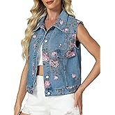 LifeShe Denim Vest Women Sleeveless Casual Floral Printed Jean Waistcoat Jacket