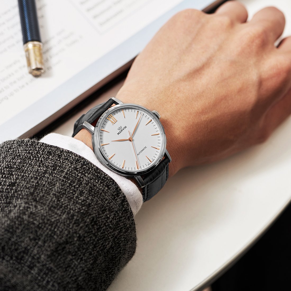Swiss-Made-Marvin-Automatic-Men-Watches-with-White-Dial-and-Rose-Gold-PVD-Indexes