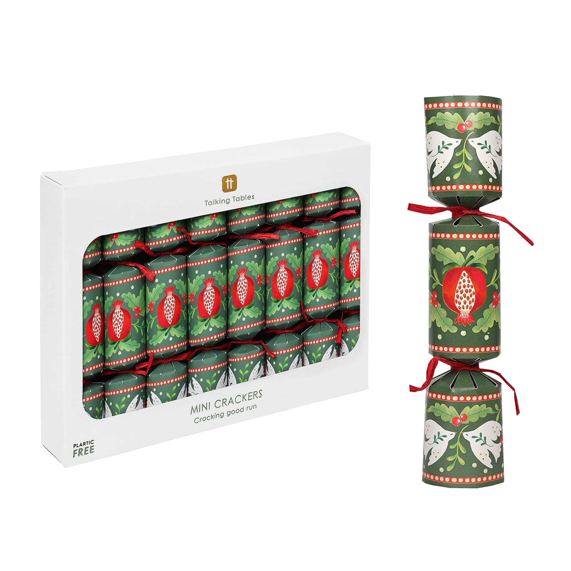 Talking Tables 8 x Mini Christmas Crackers with Games, Jokes and Party Hats, Folklore Green Design Eco-Friendly Xmas Tableware, Recyclable