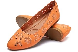 FRACORA Women's Ballet Flats Black PU Leather Dress Shoes Comfortable Round Toe Slip on Flats with Floral Eyelets