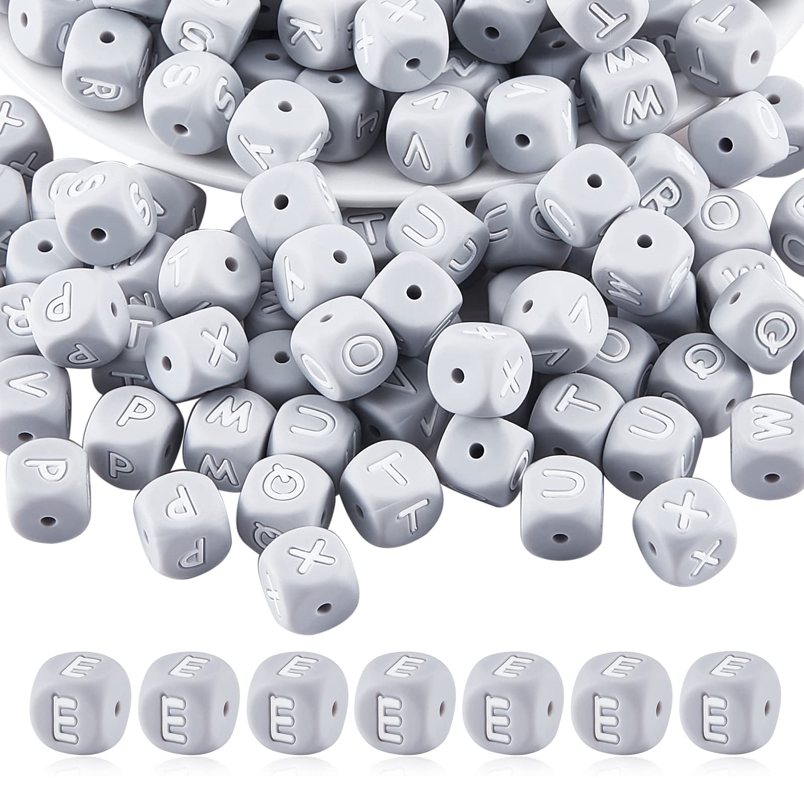 BEEFLYING 20 Grey Silicone Cube Dice Alphabet Beads - 12mm Square, Large Hole, Letter E, for Jewelry Making