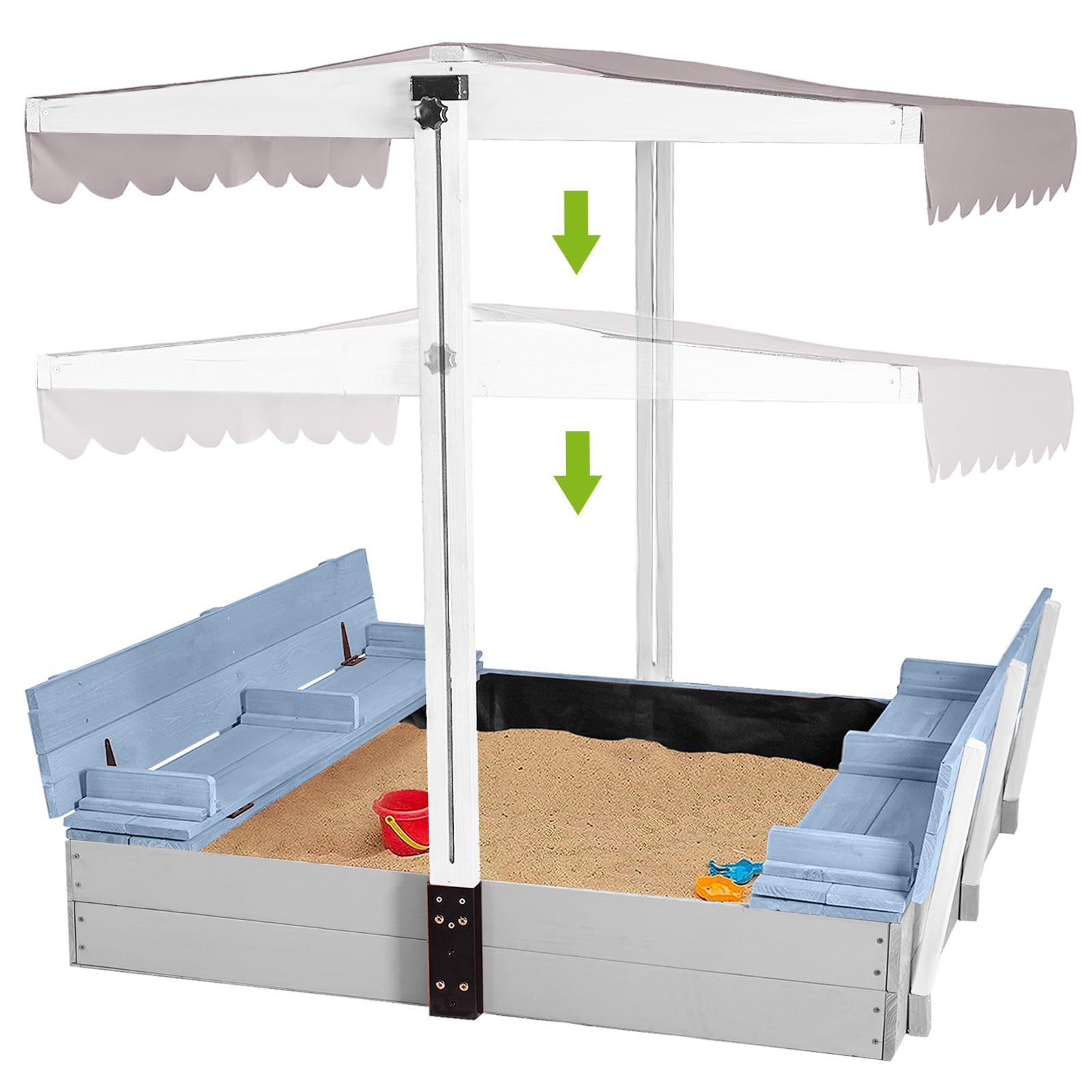 Kids Wooden Outdoor Sandbox w/Canopy, 2 Foldable Bench Seats, Retractable Roof Sand Protection Liner 47x47-Inch -Blue Color