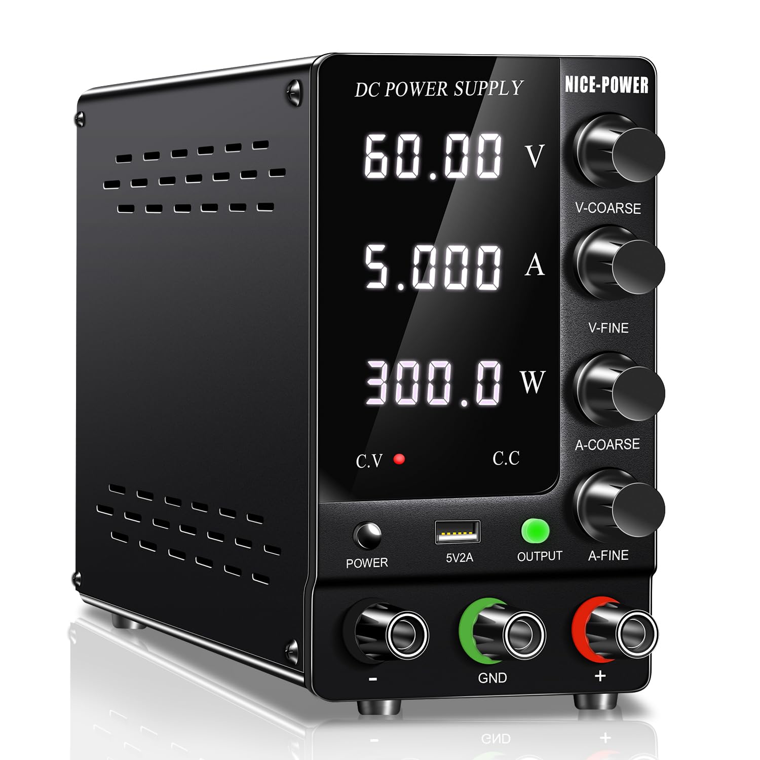 NICE-POWER DC Power Supply Variable 60V 5A, Adjustable Switching Regulated DC Bench Power Supply with Output Switch, High Precision 4-Digit LED Display, Benchtop Lab Power Supplies with 5V/2A USB Port Image
