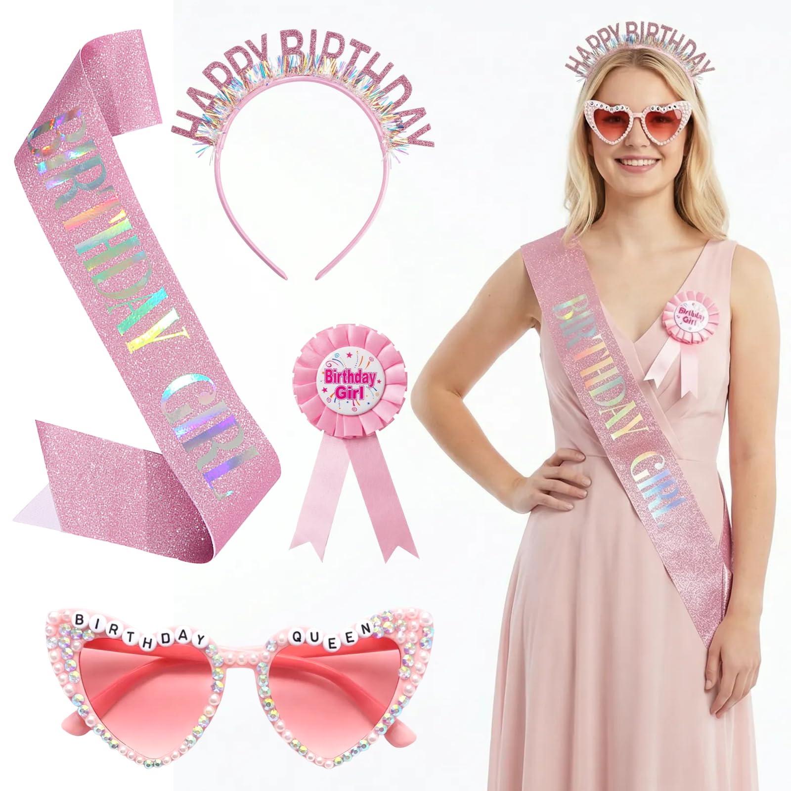 4Pcs Pink Birthday Party Dress Up Accessories Set, Pink Headband + Shawl + Glasses + Badge, Birthday Decorations for Women Girls Party Favors Photo Props