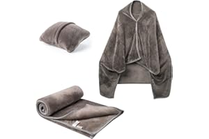Mellowdy Shawl Blanket Pillow 2-in-1 with Sleeves for Office, Work, Home (Dark Grey, 40x60) - Wearable Adult Snuggie Coat Poncho, Airplane Travel Set, Fleece Shoulder Wrap for Men and Women