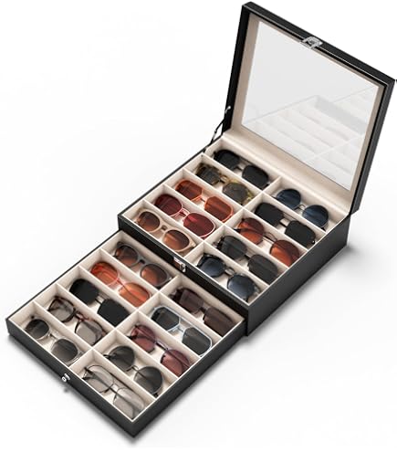 Étui De Présentation Verrouillable Pour 24 Lunettes - Cuir Synthétique Beige - Couvercle En Verre Transparent - 3 Niveaux - Dimensions 33,6 X 24,8 X 22,3 Cm - 8