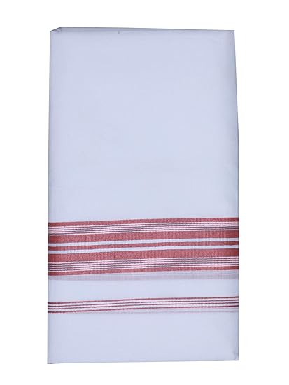 Men's Cotton Double Dhoti, Free Size_111,White and Reddish Zari