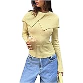 GORGLITTER Women's Fitted Sweater Casual Fold Over Collar Long Sleeve Knit Pullover Fall Casual Trendy Sweaters Tops