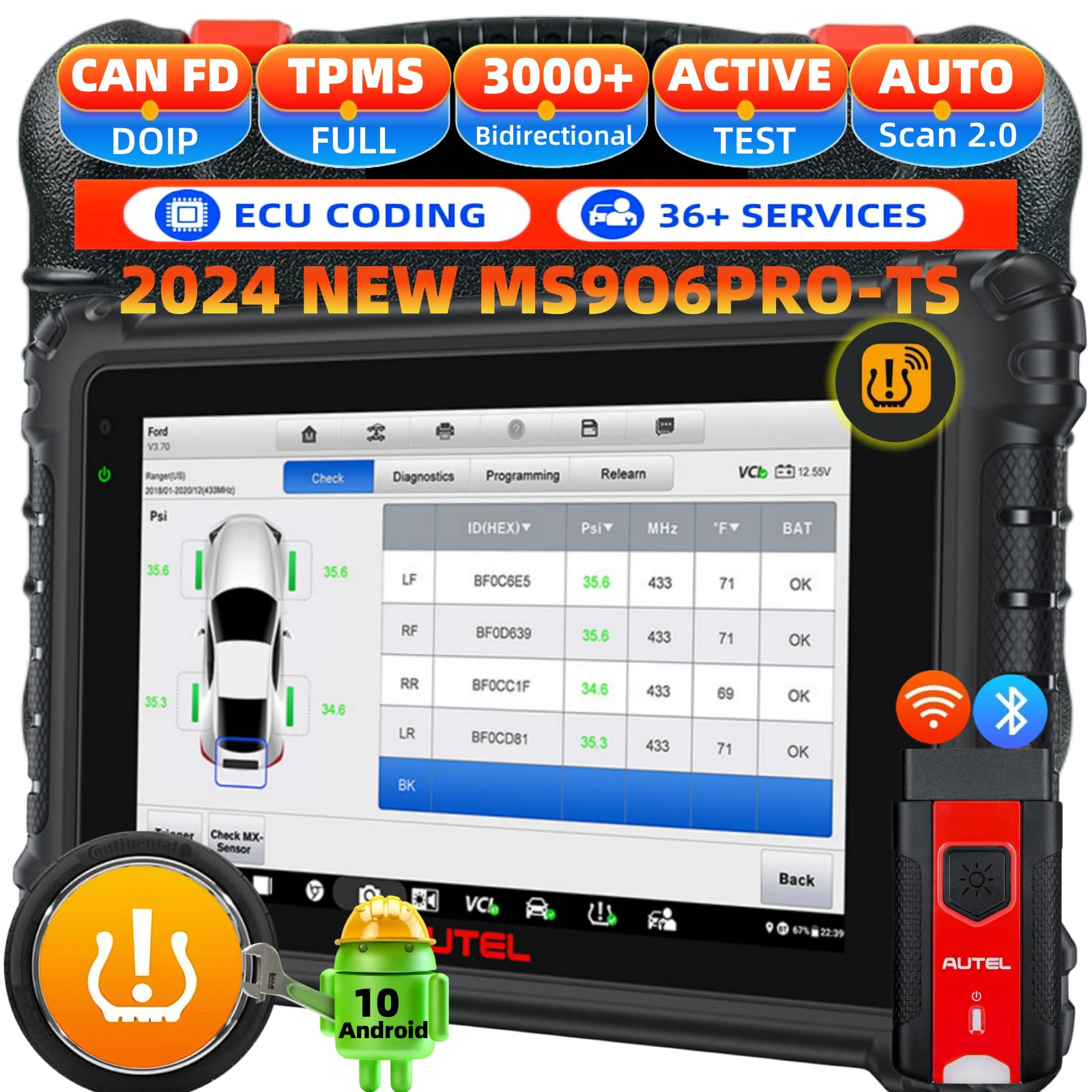 Photo 1 of Autel MaxiSys MS906 Pro-TS Full System Diagnostic OBDII Scanner Tool 2024 Newer Up of MS906 Pro MS906BT MS906TS MK908, Top TPMS Diagnostic & ECU Coding, Active Test, 36+ Service, Full TPMS, Auto Scan