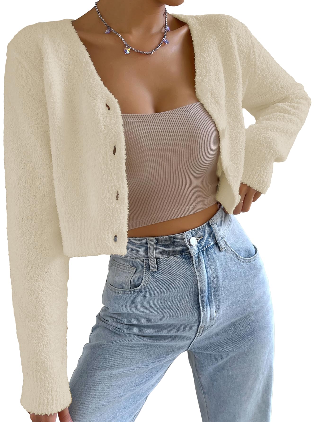 Photo 1 of SweatyRocks Women's Long Sleeve V Neck Sweater Crop Top Button Front Fuzzy Knit Cardigan Beige L