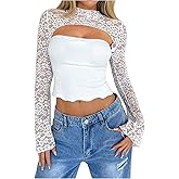 Floerns Women's Lace Bell Sleeve Y2k Crop Tops See Through Cut Out Going Out T Shirt