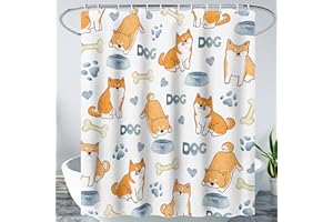 AILONEN Cute Dog Shower Curtain, Cartoon Shiba Inu Dog Bath Curtain,Pet Dog Paw Print Dog Lover Minimalist White Waterproof Curtain with 12 Plastic Hooks(48" W*72" H)