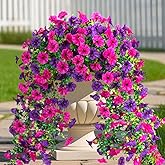 Aiinoo 4PCS Artificial Morning Glory Flowers with Eucalyptus Bouquet Lifelike UV Resistant Fake Plants Silk Hanging Flowers for Outdoor Yard Porch Patio Balcony Home Decor (Purple&Fuchsia)