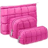 Huhumy 3 Pcs Puffy Makeup Bag Quilted Cosmetic Pouch for Women Cute Checkered Travel Toiletry Bag Puffer Makeup Organizer Purse Pouch Preppy Pencil Case with Zipper(Hot Pink)
