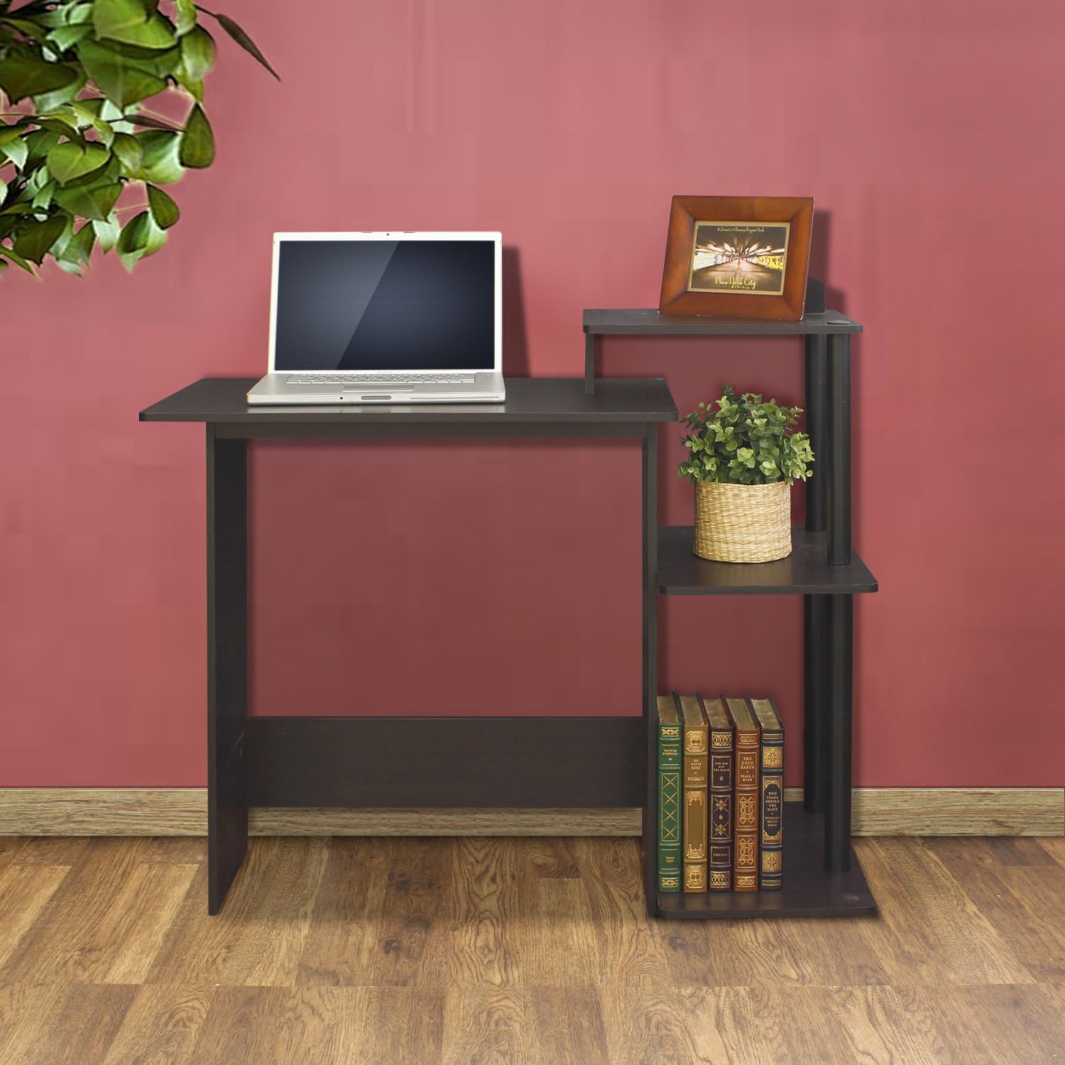 FURINNO Efficient Home Laptop Notebook Computer Desk, Square Side Shelves, Espresso/Black: Furniture & Decor