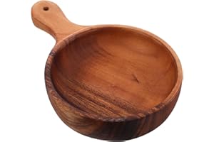 Healifty Acacia Wood Salad Mixing Bowl with Long Handle, Large Wooden Fruit and Dessert Bowl for Serving Soup