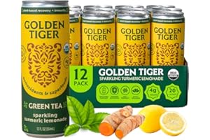 Golden Tiger Turmeric Sparkling Lemonade, Green Tea – Curcumin & Ginger for Inflammation – Organic Wellness Drink with Superfoods & Antioxidants for Recovery, Immunity, Gut Health - 4g Sugar, 20 Calories (12-pack)
