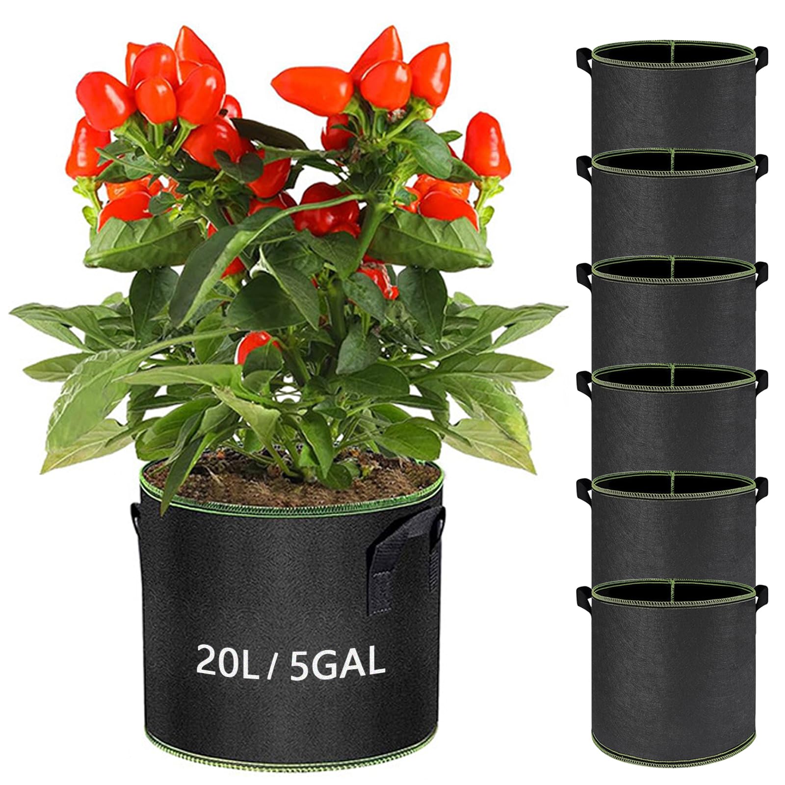 WAIZHIUA 6Pcs Plant Grow Bags 5 Gallon Breathable Nonwoven Fabric Plant Growing Bags Garden Pots Planter Bags Containers with Handles for Vegetables Flowers Herbs Potato Tomato Carrot Strawberry