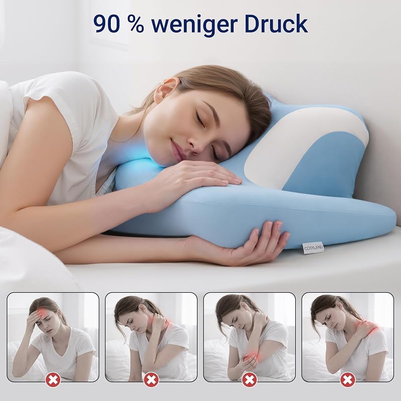 Nackenstützkissen aus Memory-Schaum – orthopädisches ergonomisches Schmetterlingskissen mit Ohrloch & Armauflage, Kopfkissen für Seitenschläfer, waschbarer Bezug, Himmelblau
