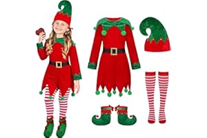 JNYVE Christmas Elf Costume for Kids - Girls Elf Dress Set Velvet Cosplay Santa's Helper Costume Xmas Outfit