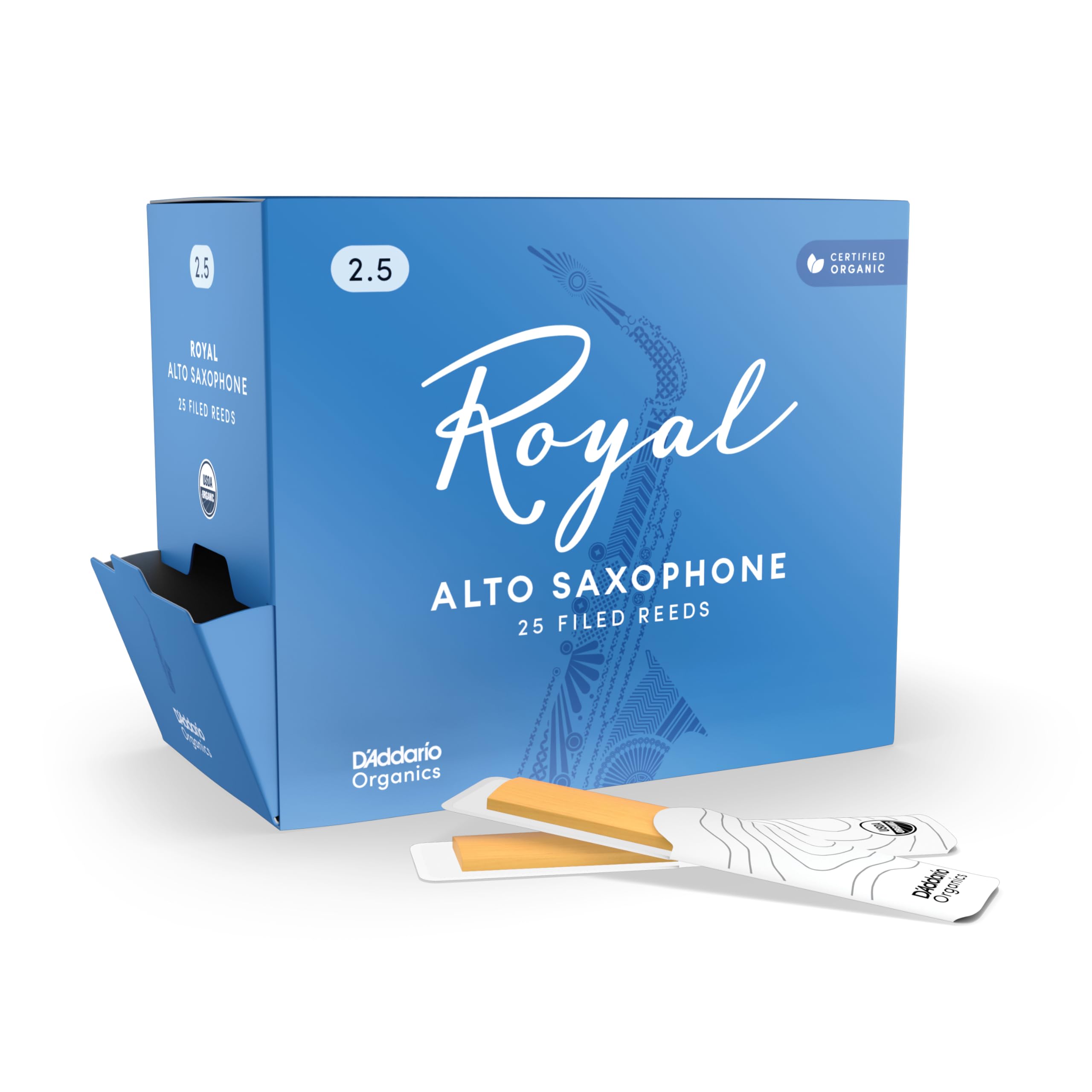 D'Addario Royal Organic Alto Saxophone Reeds, Strength 2.5, Bulk 25