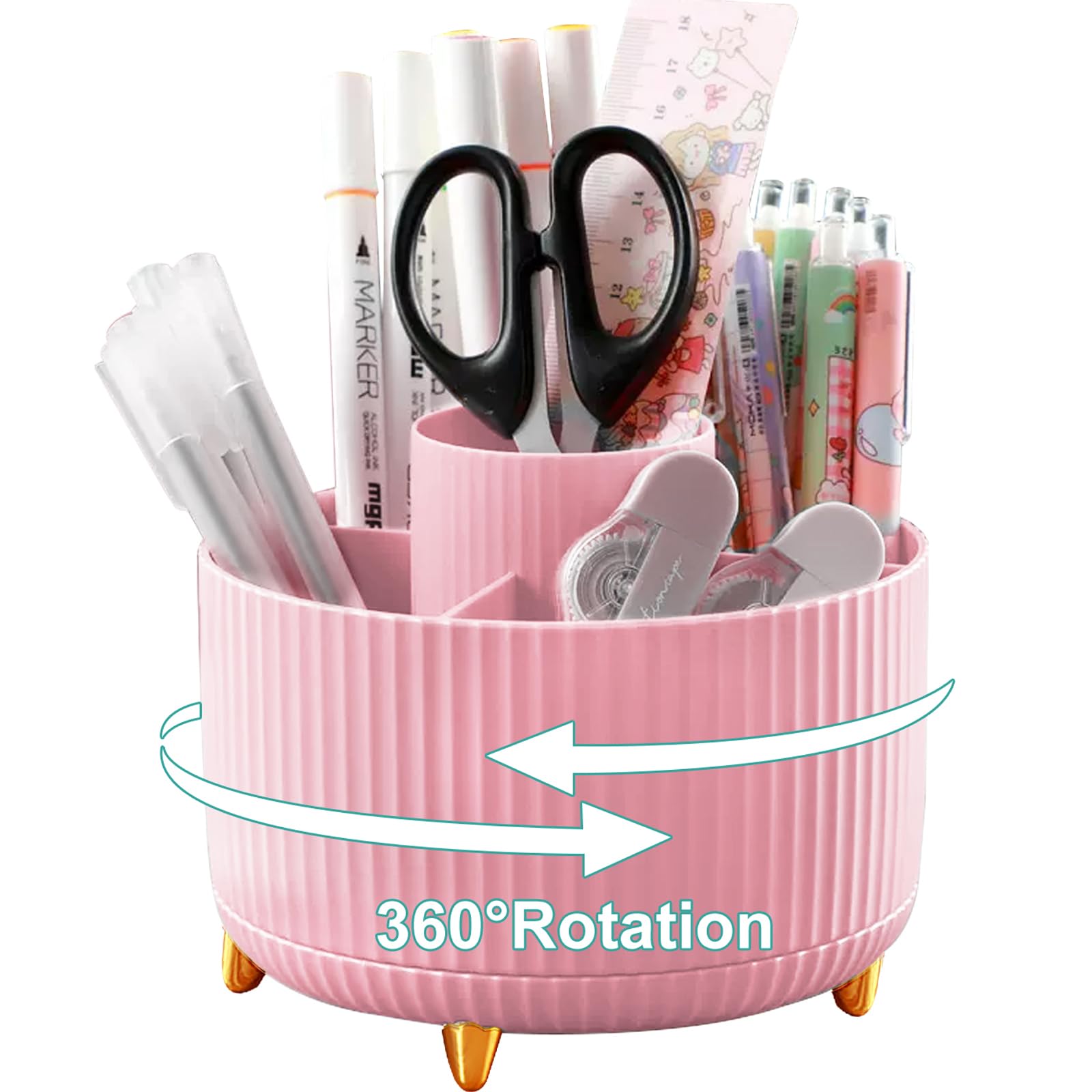 Lenfuos Rotating Pen Pencil Holder Desk Organiser - 360 Degree Pencil Pots Makeup Brush Holder with 5 Compartments for Home Office Supplies Desktop Tidying and Stationary Storage (Pink) — image 1