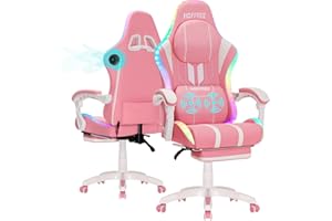 HOFFREE Pink Gaming Chair with Speakers and Massage Led Gaming Chair with Footrest Big and Tall Video Game Chair Reclining High Back Computer Desk Chair for Girls Pink and White