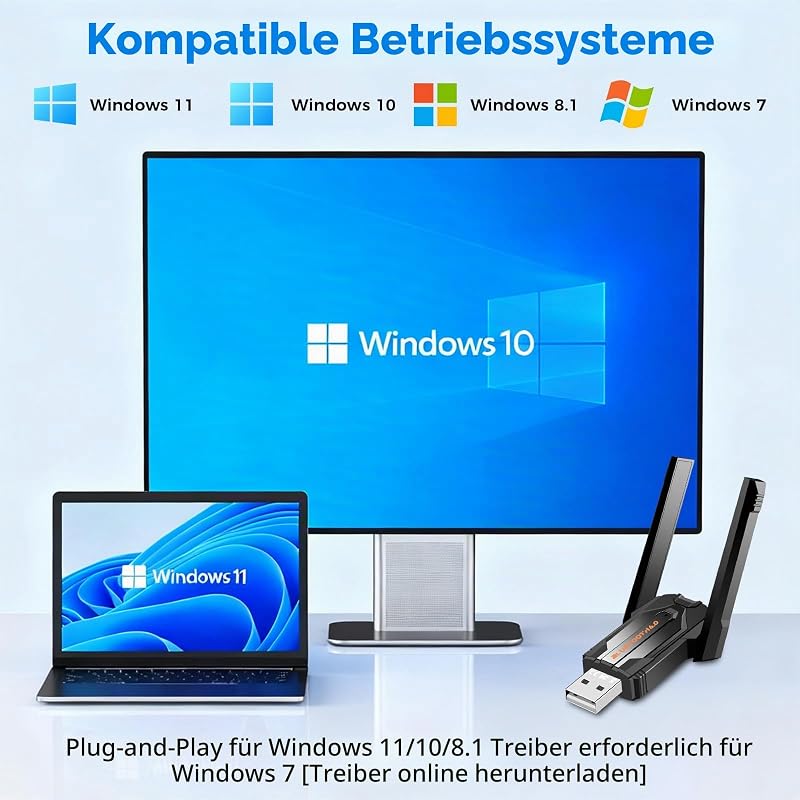 Bluetooth Adapter 6.0 Mit Großer Übertragungsreichweite für PC Windows 11/10/8.1, USB Dongle für Bis zu 5 Geräte simultan, Große Reichweite, Niedrige Latenz