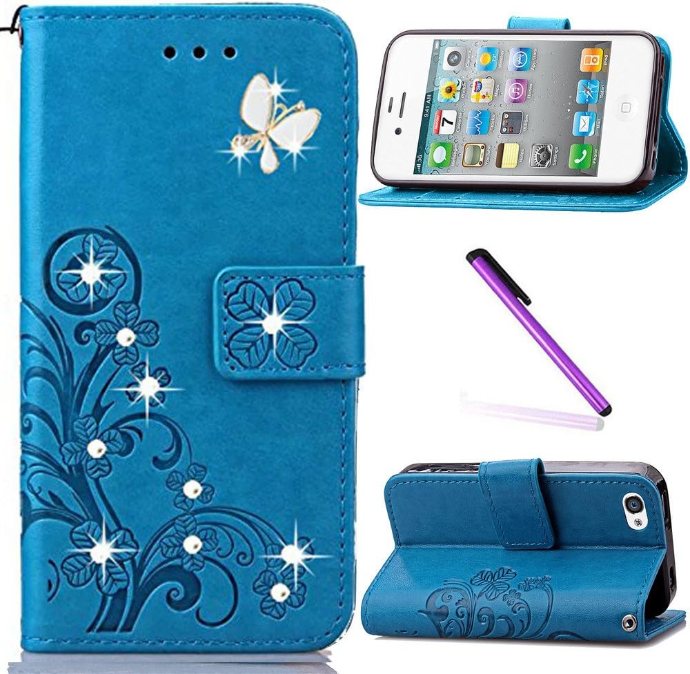 iPhone 5C Case,LEECOCO 3D Bling Crystal Diamonds Lucky Clover Floral with Card Slots Flip Stand PU Leather Wallet Case for iPhone 5C with 1 x Stylus Pen Diamond Clover Blue
