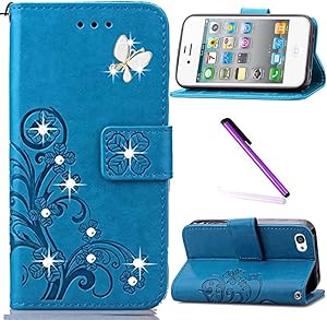 iPhone 5C Case,LEECOCO 3D Bling Crystal Diamonds Lucky Clover Floral with Card Slots Flip Stand PU Leather Wallet Case for iPhone 5C with 1 x Stylus Pen Diamond Clover Blue