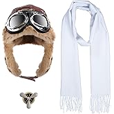 Pistha 4Pcs Aviator Costume Accessories Pilot Aviator Hat with Goggles Brooch Scarf for Adults Halloween