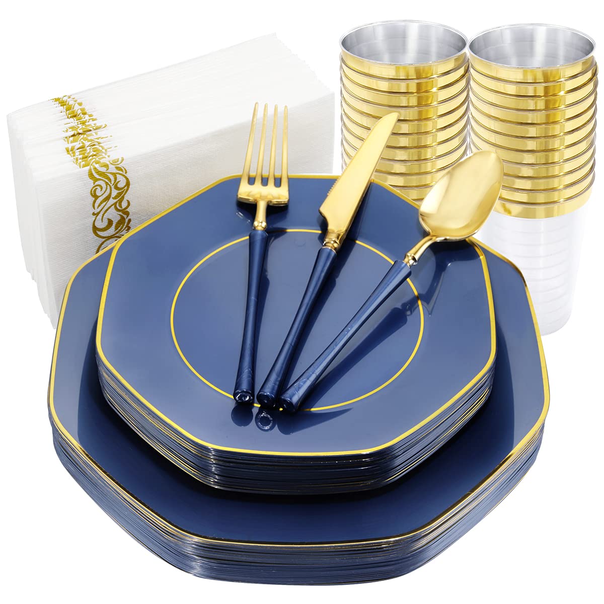Photo 1 of KIRE 140Pcs Blue Plastic Plates with Gold Rim& Gold Disposable Plastic Silverware with Blue Handle&Clear Gold Cups&Hand Napkin- Geometric Blue Party Plates for Holiday&Blue Hanukkah