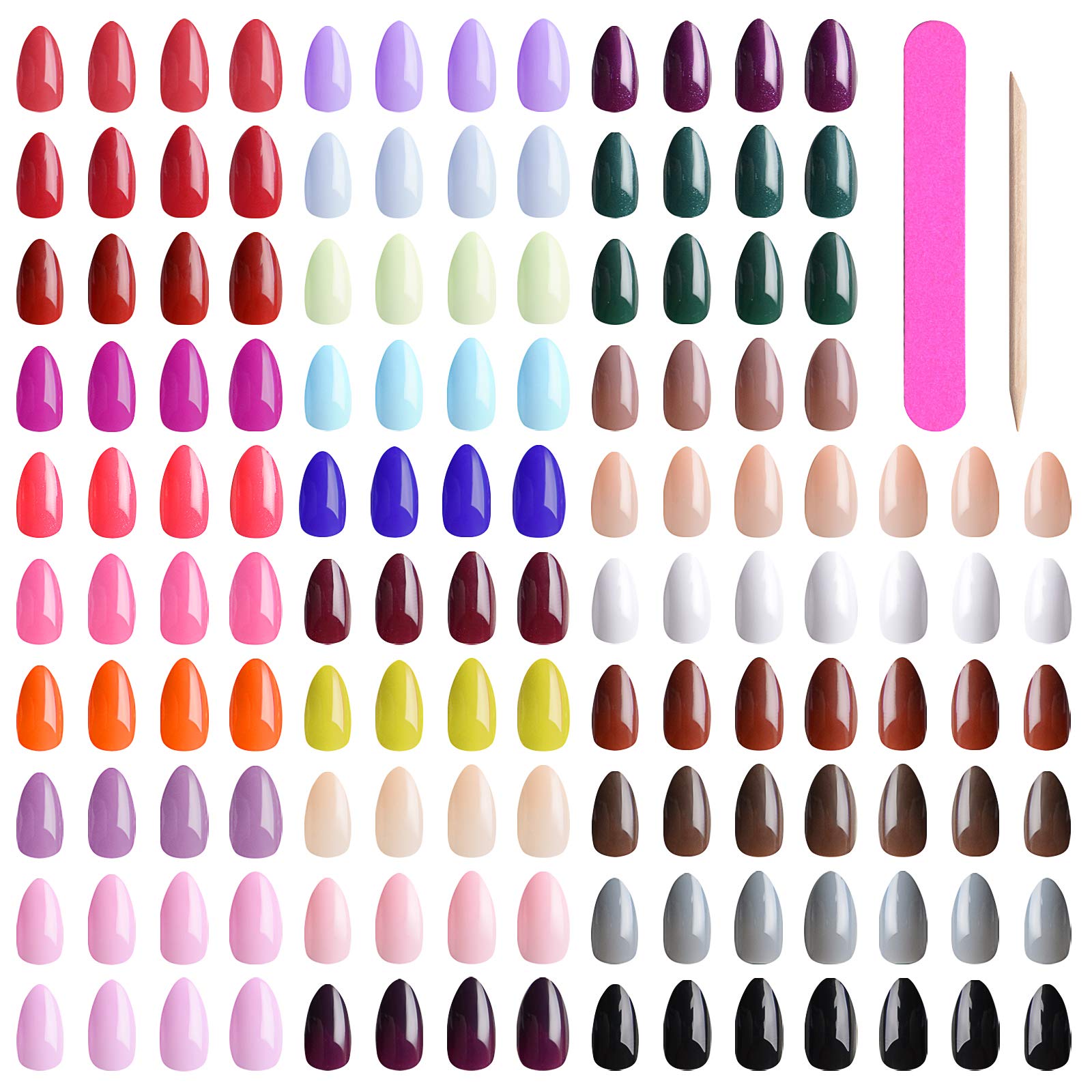 Kalolary 30 Colors Full Cover False Nails - Almond Acrylic Artificial Glossy Stiletto Nails - 720pcs, Includes Nail File & Stick for Woman Girls DIY Home Salon Nail Art