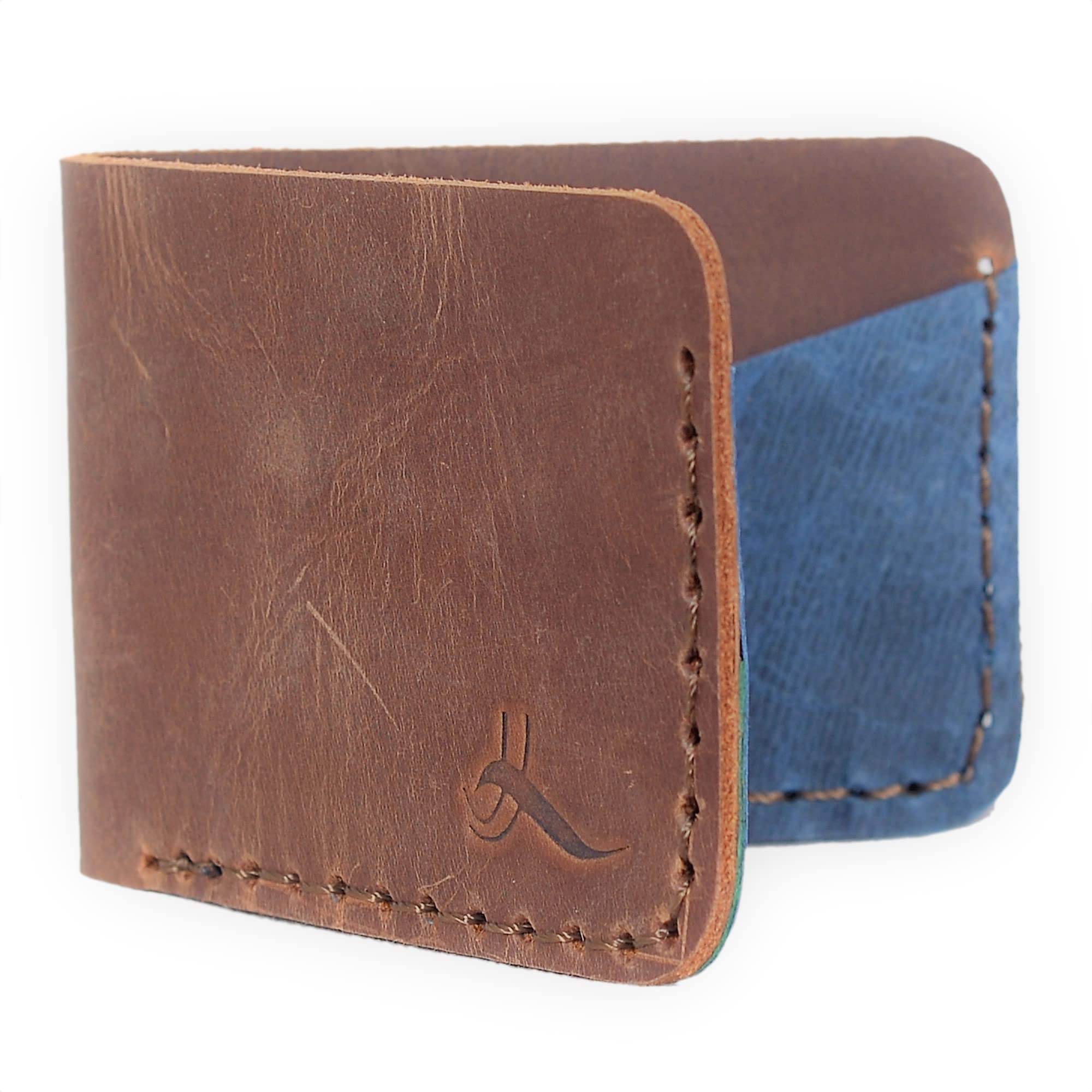 QE Handmade Genuine Leather Wallets Brown for Men, Hand Stitched Slim Minimalist Wallet with Gift Box Great Gift Idea for Men, Inside Pocket Color Blue & Green