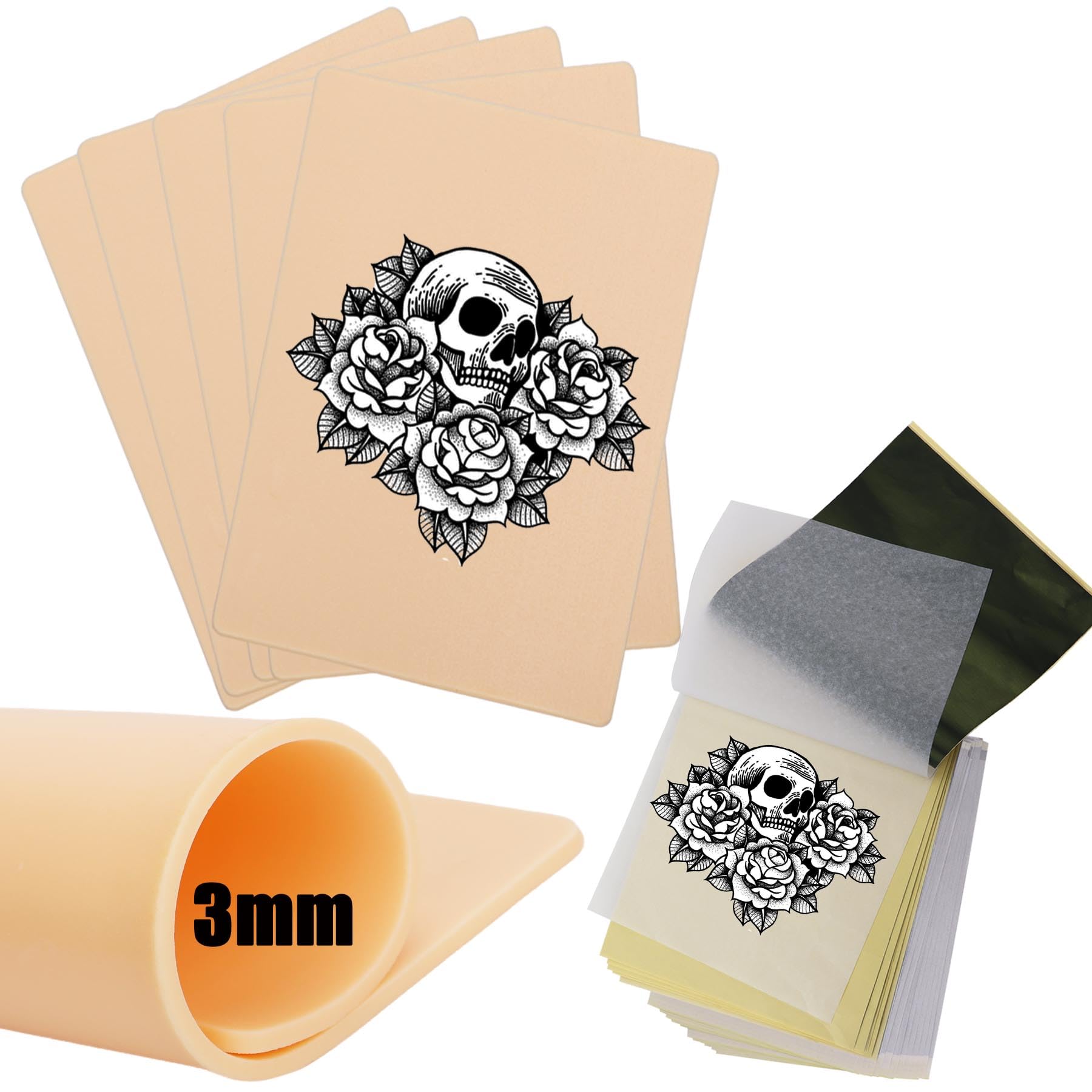 3mm A4 20×30cm Tattoo Practice Skin with Transfer Paper, 15 Pcs Fake Skin and Tattoo Stencil Paper Kit