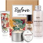 BFFLOVE Gift Set for Women 5pcs Cherry Blossom Spa Set, Birthday Presents for Her with Massage Oil, Scented Candle, Bath Salts, Hand Cream, Mothers' Day Gifts for Her