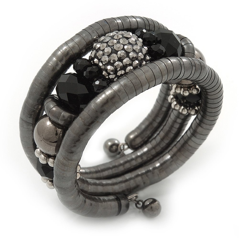 Avalaya Black/Hematite Acrylic/Glass Bead Coil Bangle Bracelet/Adjustable/Size M/L