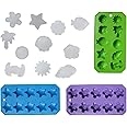 Chef Craft Set of 3 Flexible Shaped Ice Cube Trays. Sun, Star, Flower, Tree and Sealife. Fun Party Combo, Silver
