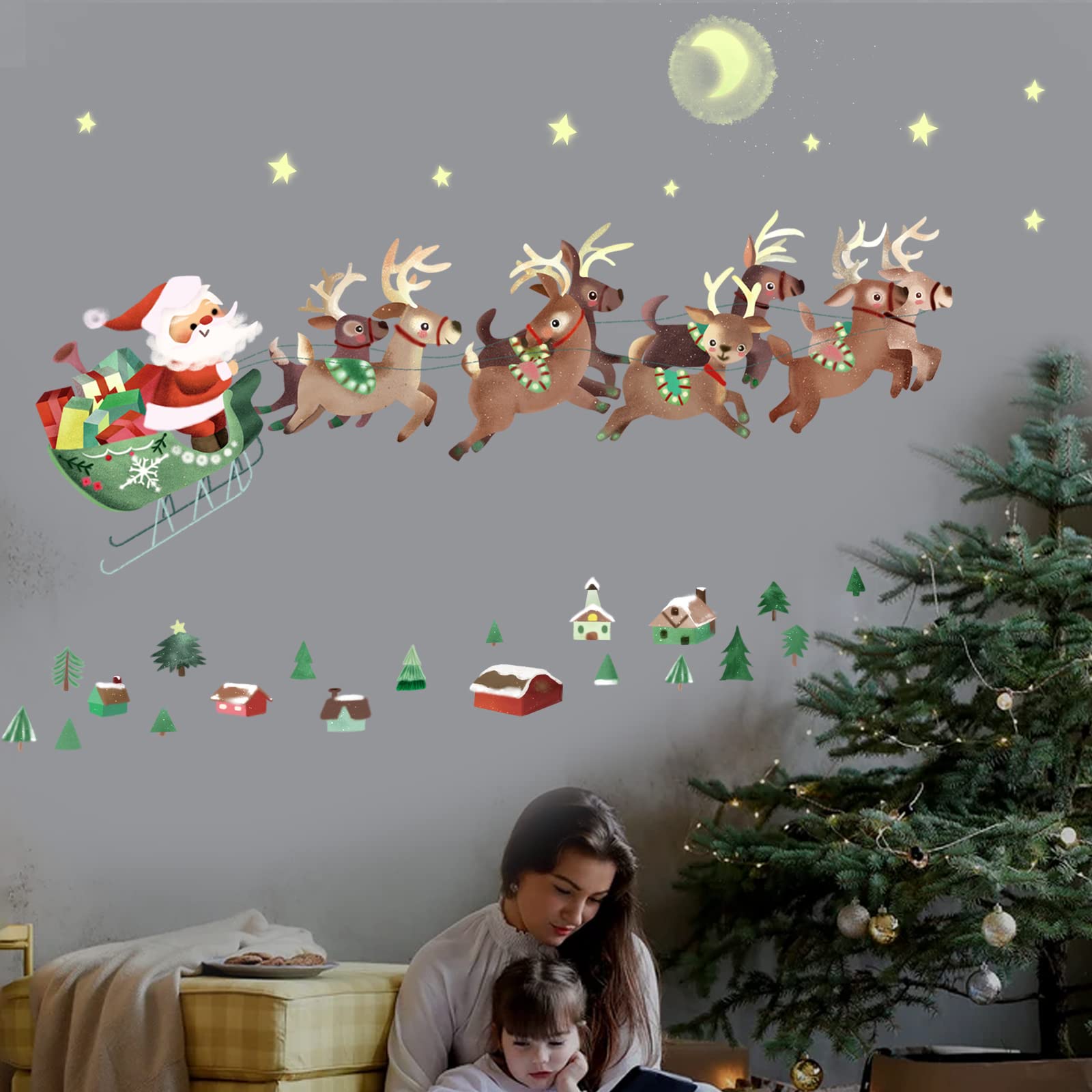 decalmile Christmas Window Wall Decals Watercolor Santa Claus and Reindeer Wall Stickers Kids Room Home Party Shop Window Decorations
