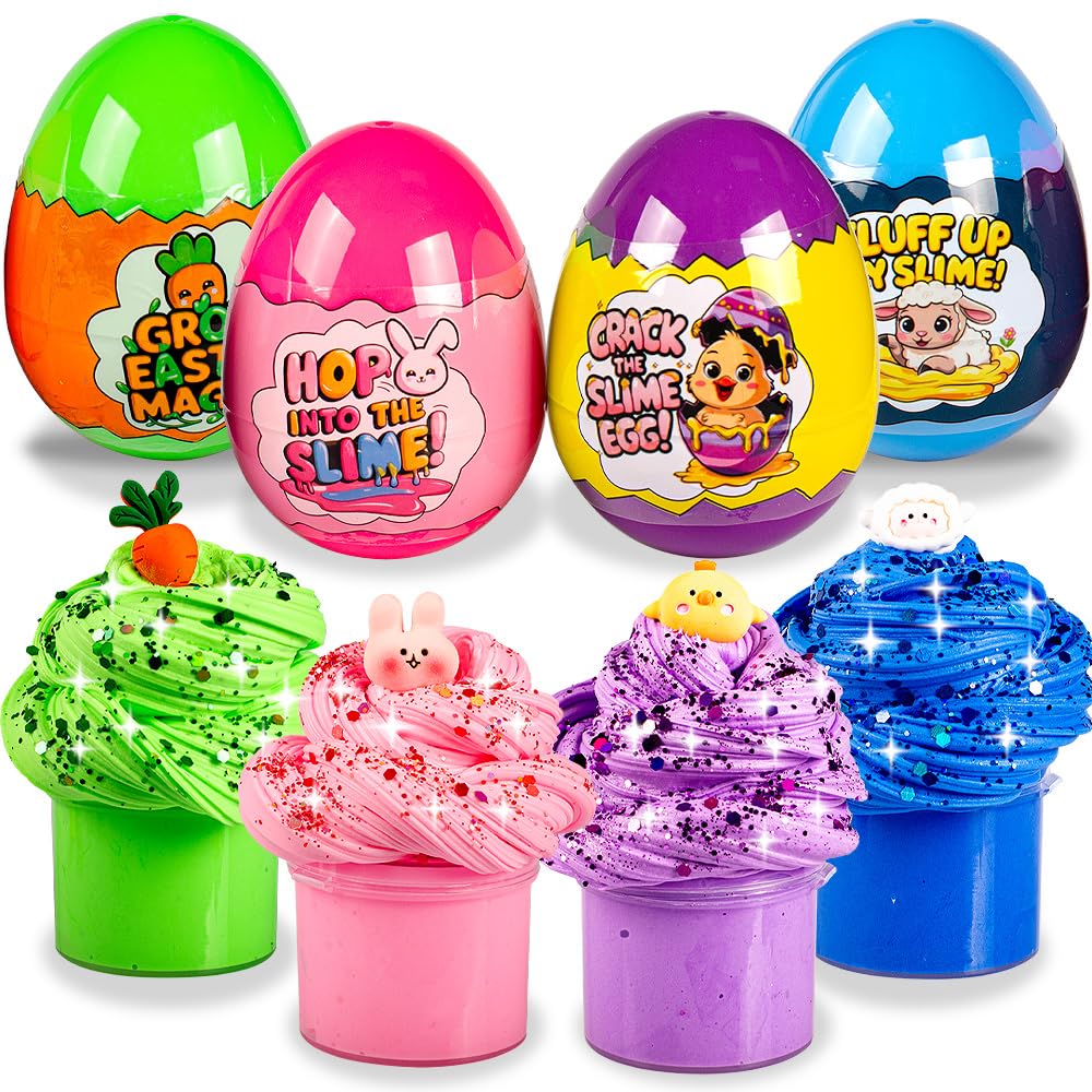 Waybla Easter Basket Stuffers for Kids – 4-Pack Butter Slime Eggs with Colorful Slimes, Glitter, and Figurines – Fun Sensory Toy, Party Favors, Basket Fillers