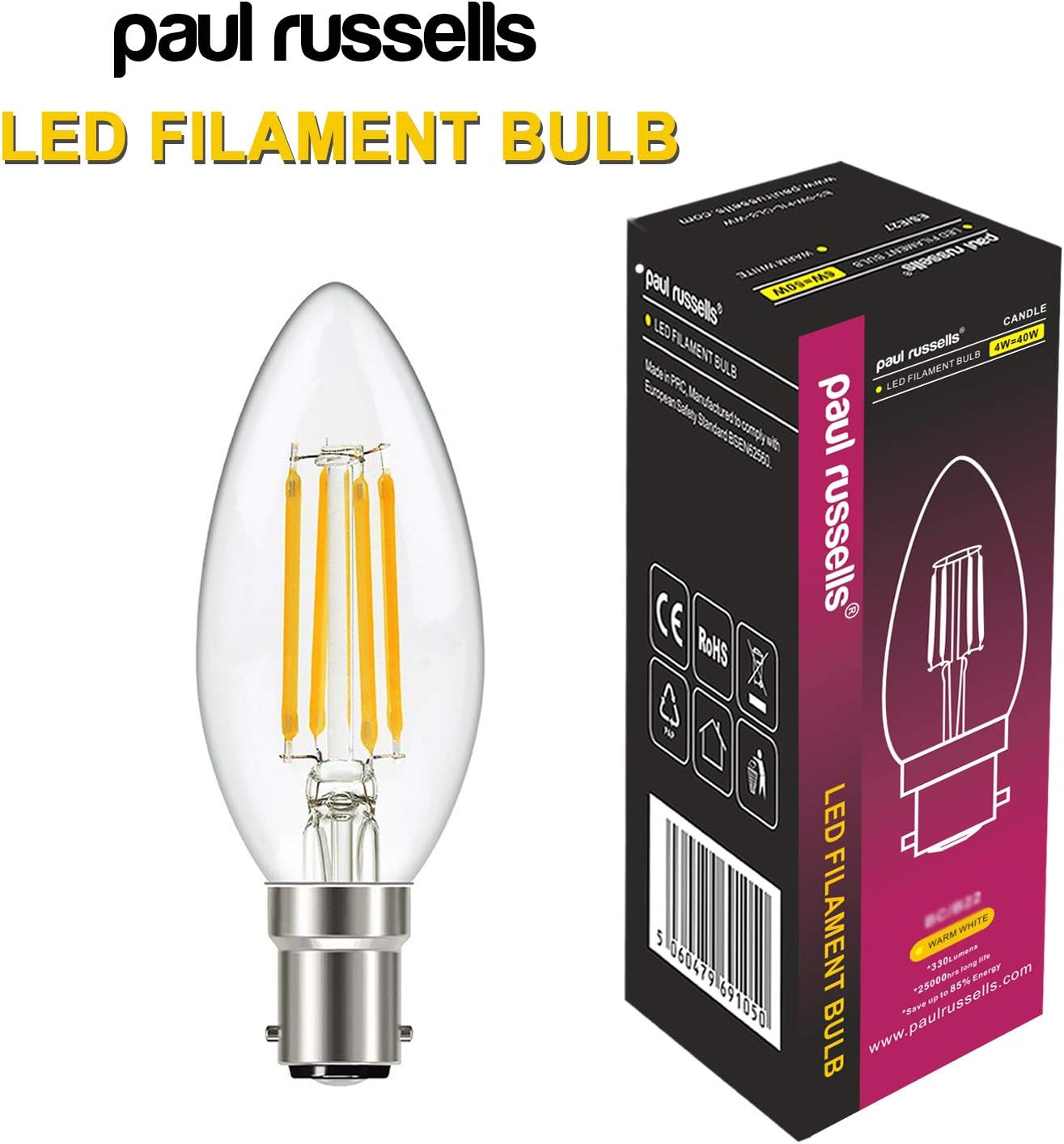 paul russells LED Candle Filament Light, 4.5W 40W Equivalent Replacement, 470LM Lumens, 2700K Warm White - Image 3