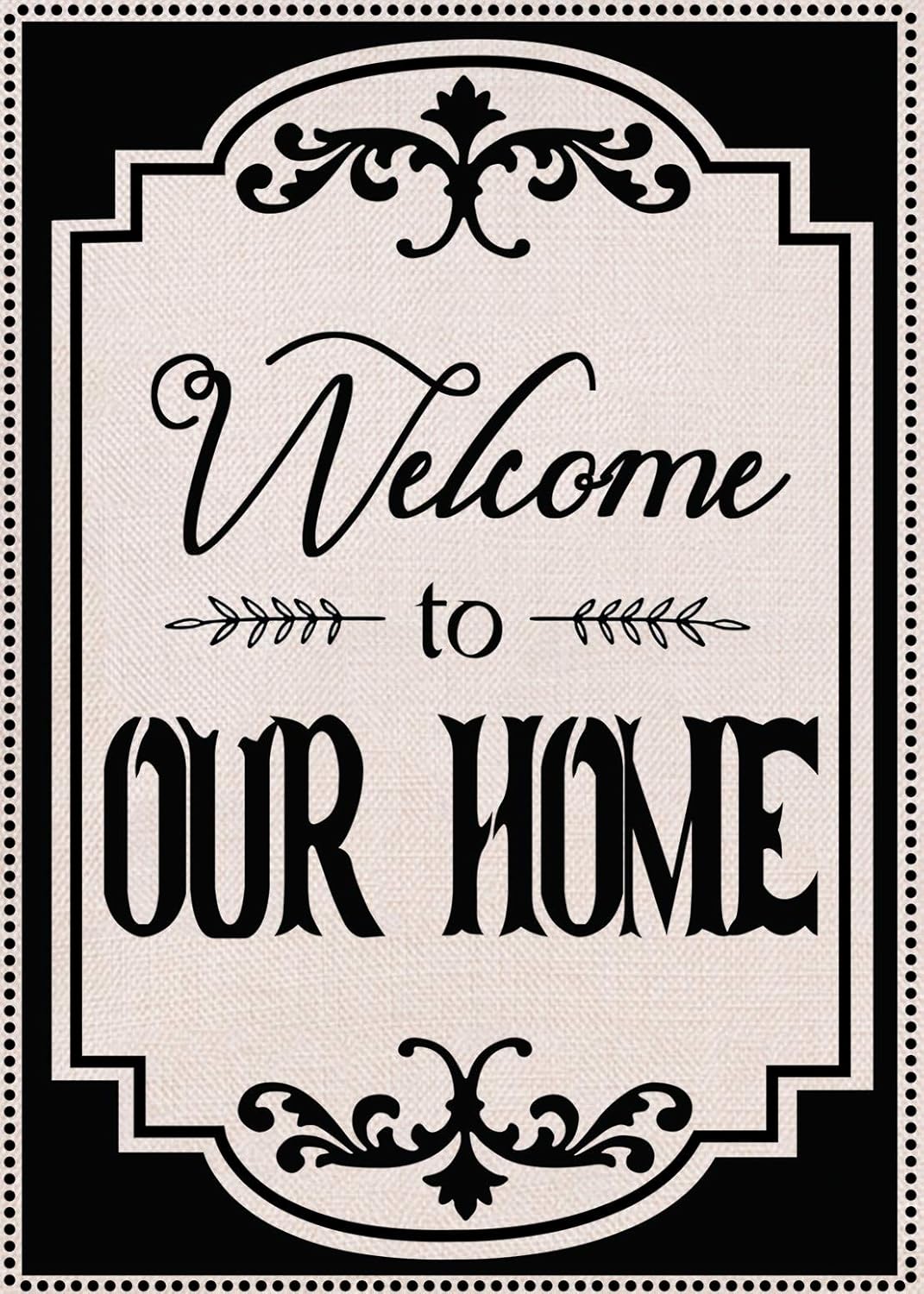 Covido Welcome to Our Home Initial Decorative Garden Flag, Fall Winter House Yard Monogram Decor Sign Black, Vintage Holiday Outside Decorations Christmas Outdoor Small Burlap Flag Double Sided 12x18