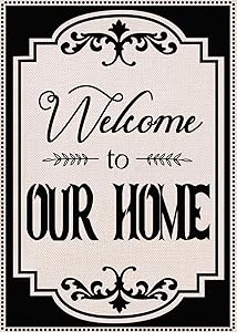 Covido Welcome to Our Home Initial Decorative Garden Flag, Fall Winter House Yard Monogram Decor Sign Black, Vintage Holiday Outside Decorations Christmas Outdoor Small Burlap Flag Double Sided 12x18