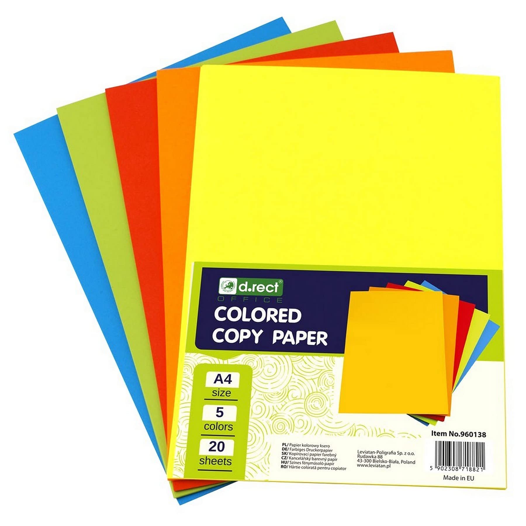 D.RECT Printer Paper Coloured A4 - Copy Paper Multicolour for Inkjet and Laser Printers - Mix of 5 Colours, 5x20 (100) Sheets