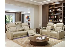 Toseslo Power Recliner Sofa and Loveseat Set, Beige Leather Reclining Sofa Sectional Couches with Drop-Down Table, Living Room Furniture, Reclining Sofa with Cup Holders/Storage Console for House