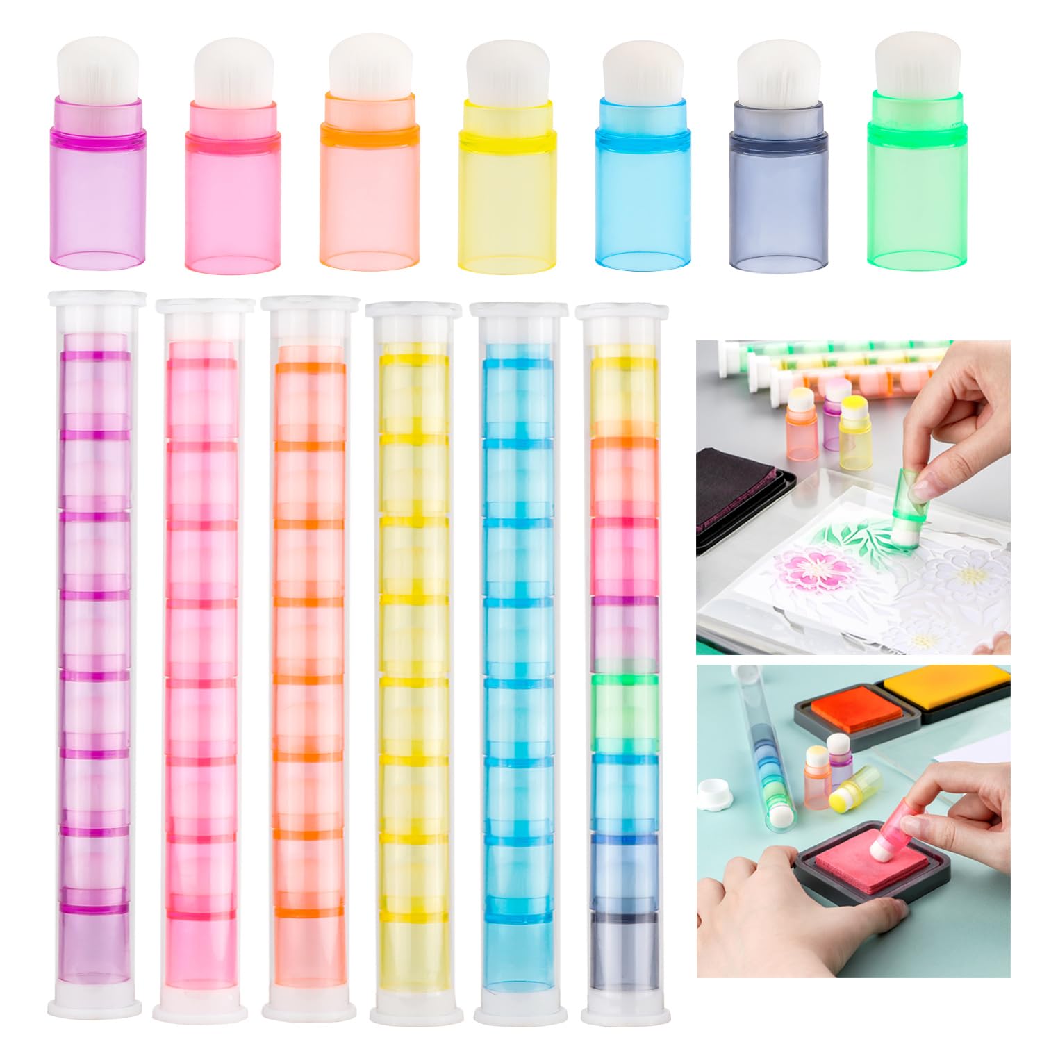 OTCRAFT48 Pcs/Set Soft Bristles Finger Daubers with 6 Storage Box Ink Blending Brushes Mini Stackable Blender Brushes Brush Head 0.75'' for Cardmaking Painting Drawing Handles Ink Blender Tool