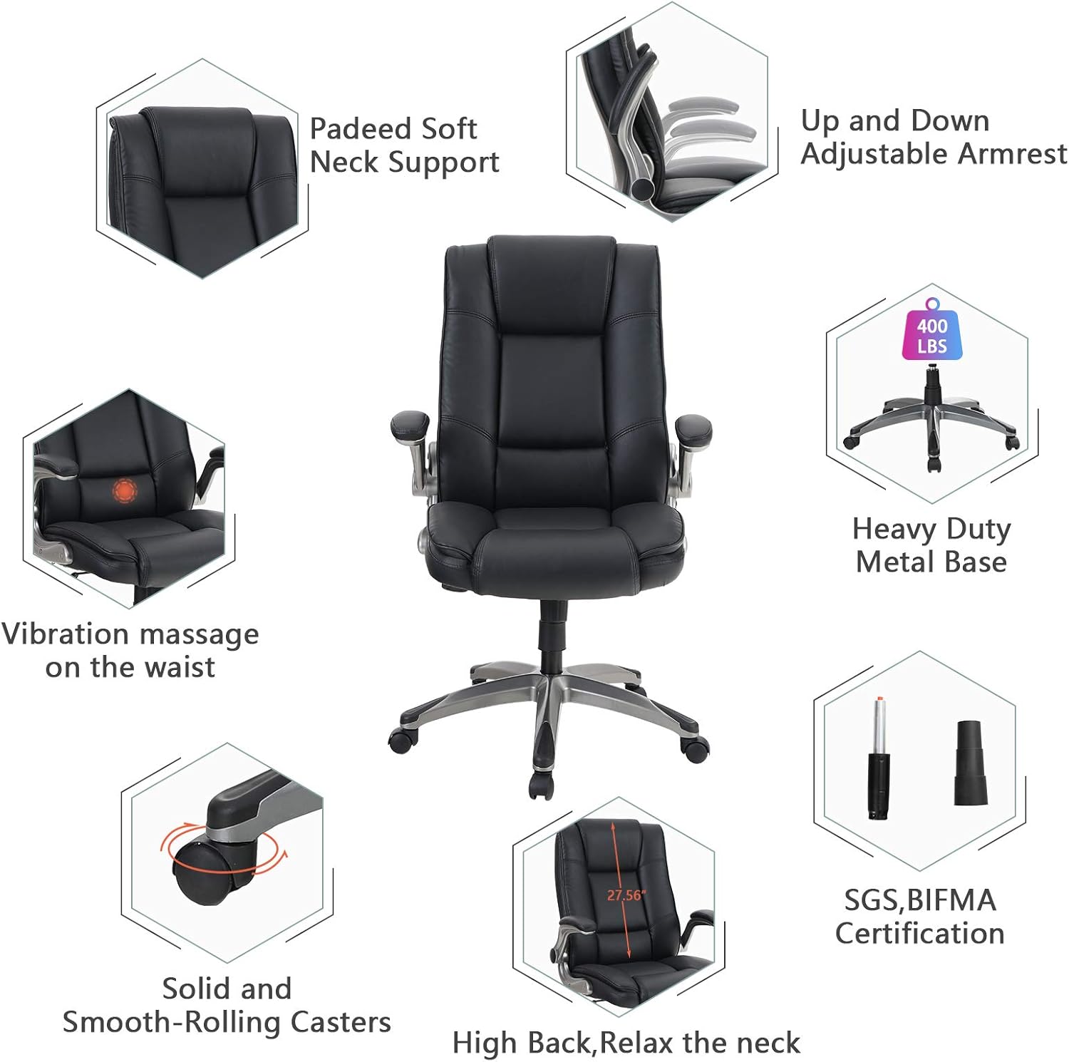 ALPHA HOME High Back Executive Chair Ergonomic Office Chair Managerial Computer Desk Chair Flip Up Armrest Big Tall Adjustable Height PU Leather Task Chair Rolling Swivel Chair-Capacity 400LBS: Kitchen & Dining
